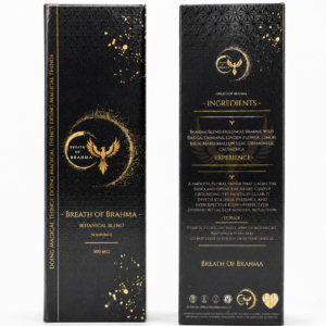 Breath of Brahma Botanical Blend 500mg premium wellness product packaging featuring front and back views on a white studio background with matte black boxes and gold foil branding.