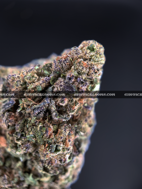 Close-up of Mochi Cake strain showing dense emerald-green buds with dark purple leaves, golden hairs, and frosty golden-white trichomes, available for weed delivery in Virginia and Washington, DC. Known for its creamy vanilla flavor and deeply relaxing indica effects.