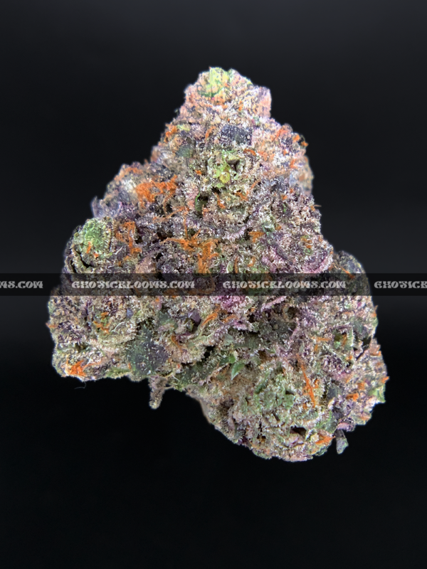 Close-up of Slapz strain showing dense olive green buds with blue undertones, amber hairs, and a frosty layer of blue-tinted trichomes, available for weed delivery in Virginia and Washington, DC. Known for its sweet lemon-lavender flavor and hard-hitting euphoric high.