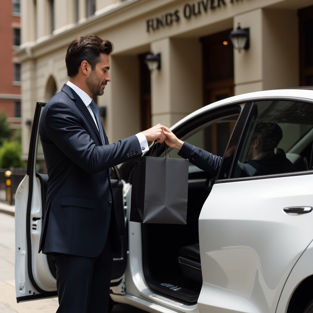Man in a sharp business suit receiving a sleek black shopping bag while exiting a white luxury car in downtown Washington DC, depicting professional same-day cannabis delivery in the city.