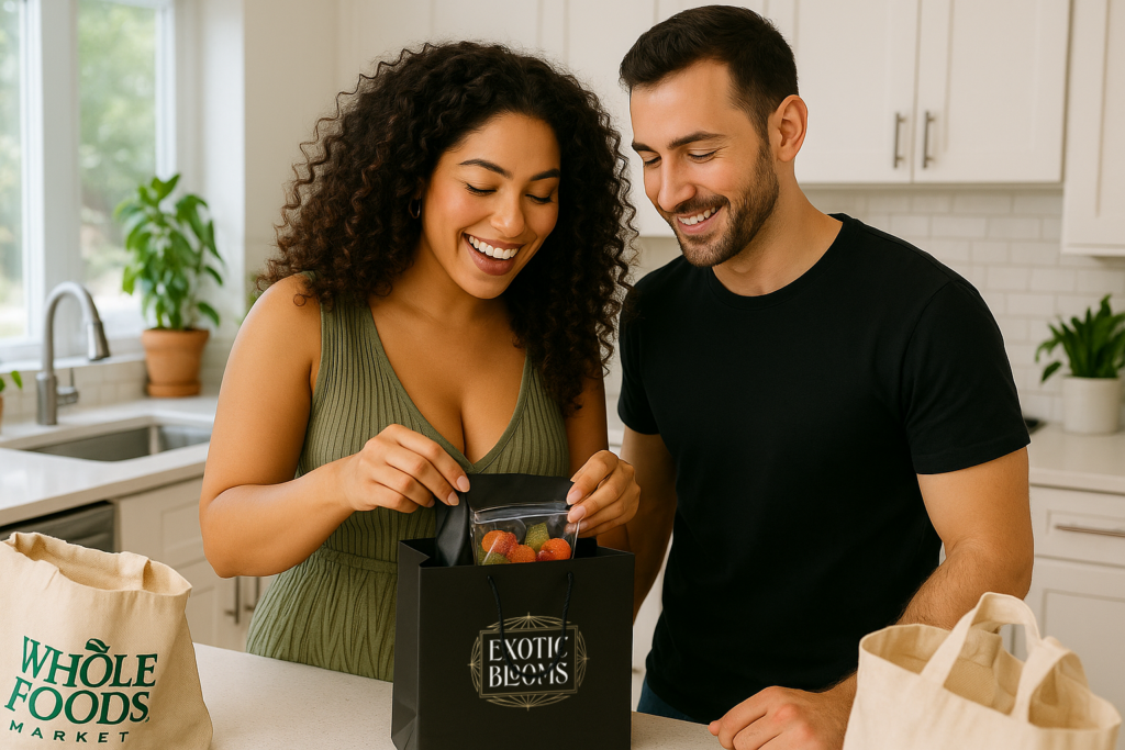 Smiling couple in a bright modern kitchen opening a black Exotic Blooms bag filled with colorful cannabis gummy edibles, symbolizing trusted Virginia cannabis delivery and lifestyle wellness.