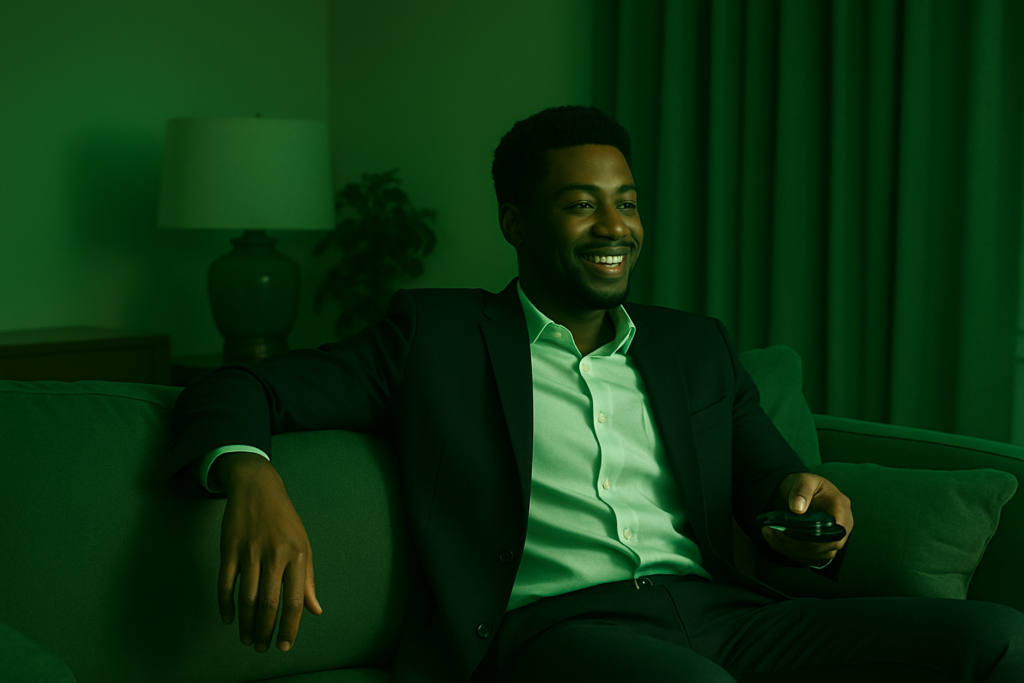 Young African-American professional relaxing on his living room couch under a green TV glow, enjoying a quiet evening at home—symbolizing cannabis wellness and modern lifestyle in Washington DC.