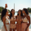 Four young women in stylish summer outfits smiling and taking a selfie near the Washington Monument in DC, representing a fun and vibrant cannabis-friendly lifestyle.