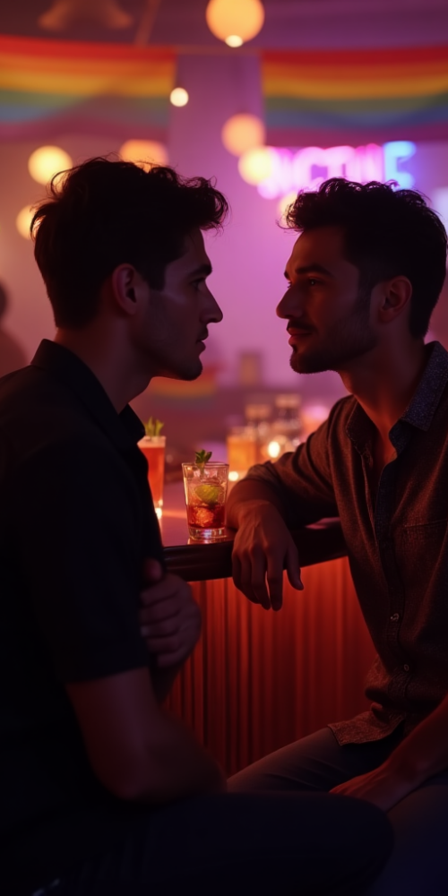 Gay couple seated at a dimly lit LGBTQ+ friendly bar, engaged in intimate conversation with cocktails on the counter, surrounded by rainbow pride flags and a warm, inclusive atmosphere.