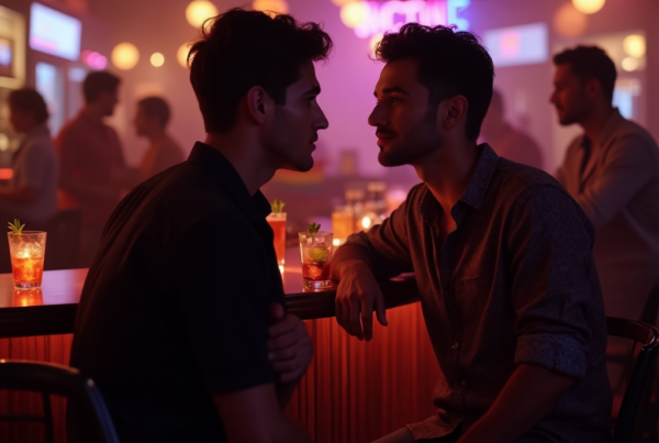 Gay couple seated at a dimly lit LGBTQ+ friendly bar, engaged in intimate conversation with cocktails on the counter, surrounded by rainbow pride flags and a warm, inclusive atmosphere.
