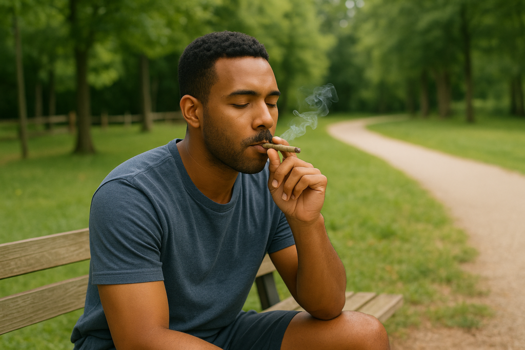 Young man enjoying a hemp joint on a sunny day at a public park in Herndon, Virginia, capturing the relaxed vibe of local cannabis culture and same-day Herndon cannabis delivery.
