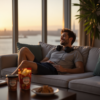 A young, fit white man lounges contentedly in a modern high-rise apartment at The Wharf in Washington D.C., enjoying a cannabis high during golden hour with snacks and headphones nearby.