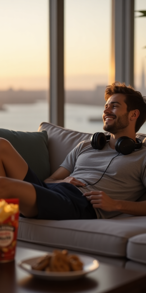 A young, fit white man lounges contentedly in a modern high-rise apartment at The Wharf in Washington D.C., enjoying a cannabis high during golden hour with snacks and headphones nearby.