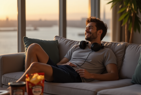A young, fit white man lounges contentedly in a modern high-rise apartment at The Wharf in Washington D.C., enjoying a cannabis high during golden hour with snacks and headphones nearby.