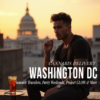 Hip young Latin American male smoking a cannabis preroll on a rooftop in Washington DC at sunset, with the U.S. Capitol building in the background and a glass of iced tea beside him.