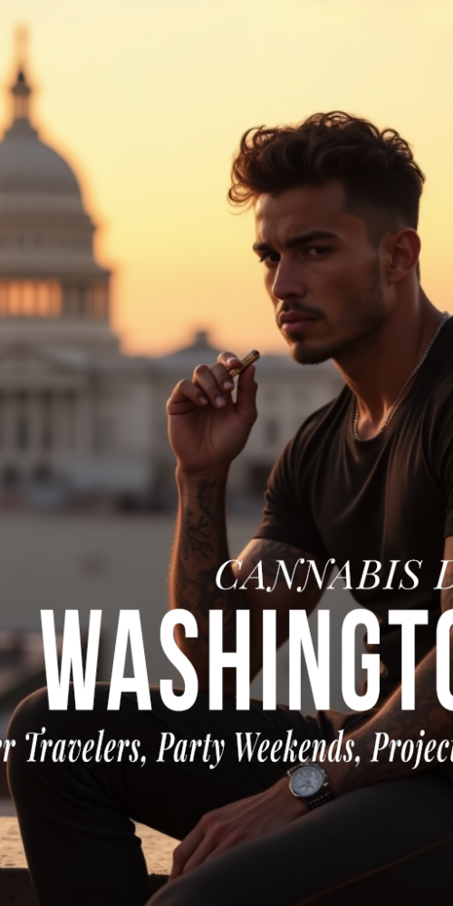 Hip young Latin American male smoking a cannabis preroll on a rooftop in Washington DC at sunset, with the U.S. Capitol building in the background and a glass of iced tea beside him.