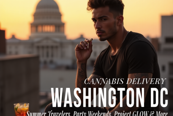 Hip young Latin American male smoking a cannabis preroll on a rooftop in Washington DC at sunset, with the U.S. Capitol building in the background and a glass of iced tea beside him.
