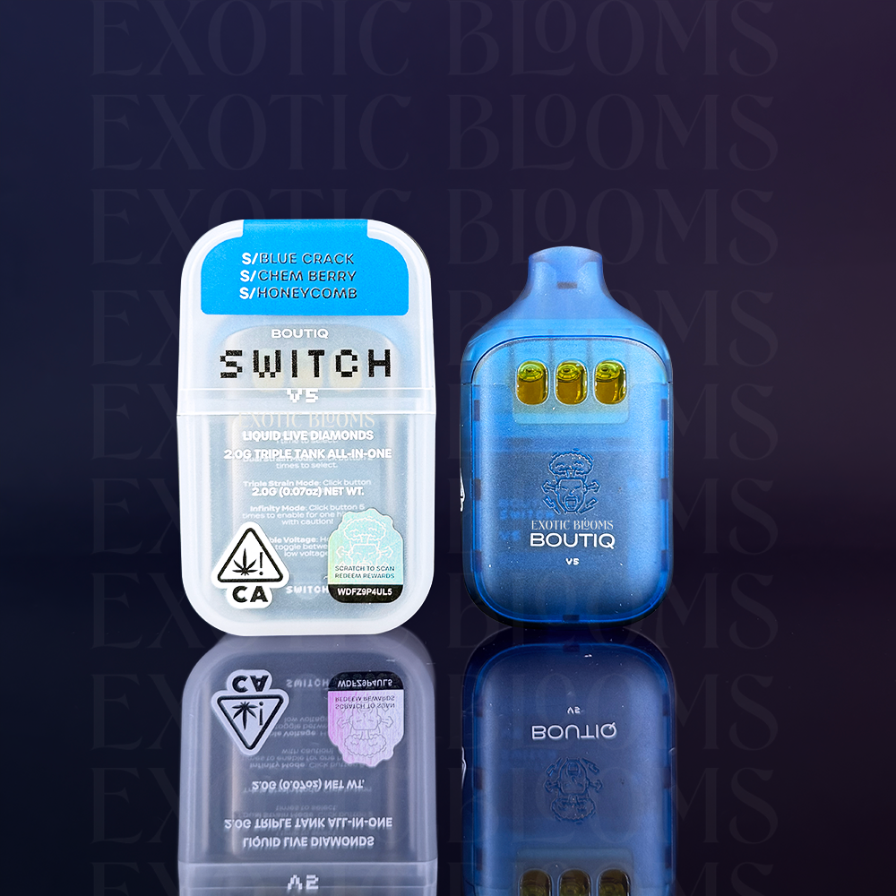 Boutiq Switch V5 2-Gram Triple Tank vape pen displayed elegantly on a reflective surface, available from Exotic Blooms for premium cannabis delivery in Washington DC and Northern Virginia.