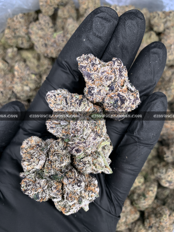 Cherry Gumbo cannabis strain with sweet cherry bubblegum aroma and frosty purple-green buds, available for DC and Virginia delivery.