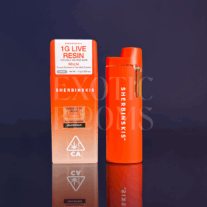 Sherbinskis 1g Live Resin Disposable Pen available for Exotic Blooms cannabis delivery in Washington DC, Northern Virginia, Richmond, and Virginia Beach.
