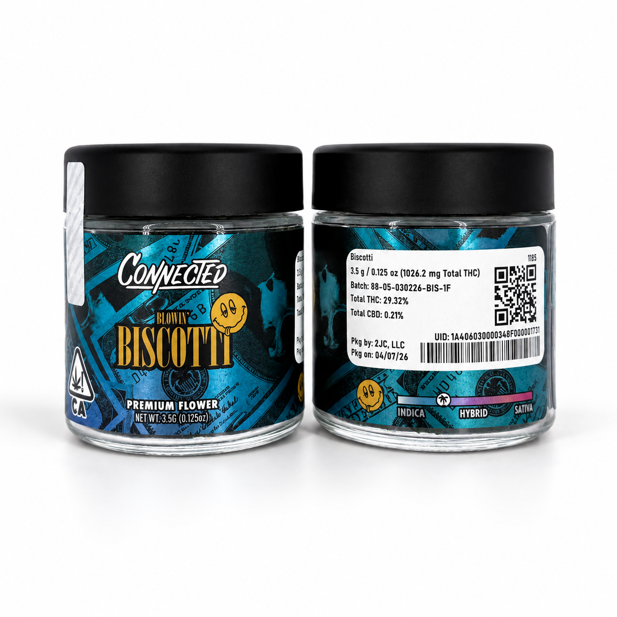 Connected Biscotti Premium Flower cannabis jar front and back on a white studio background available from Exotic Blooms Washington DC.