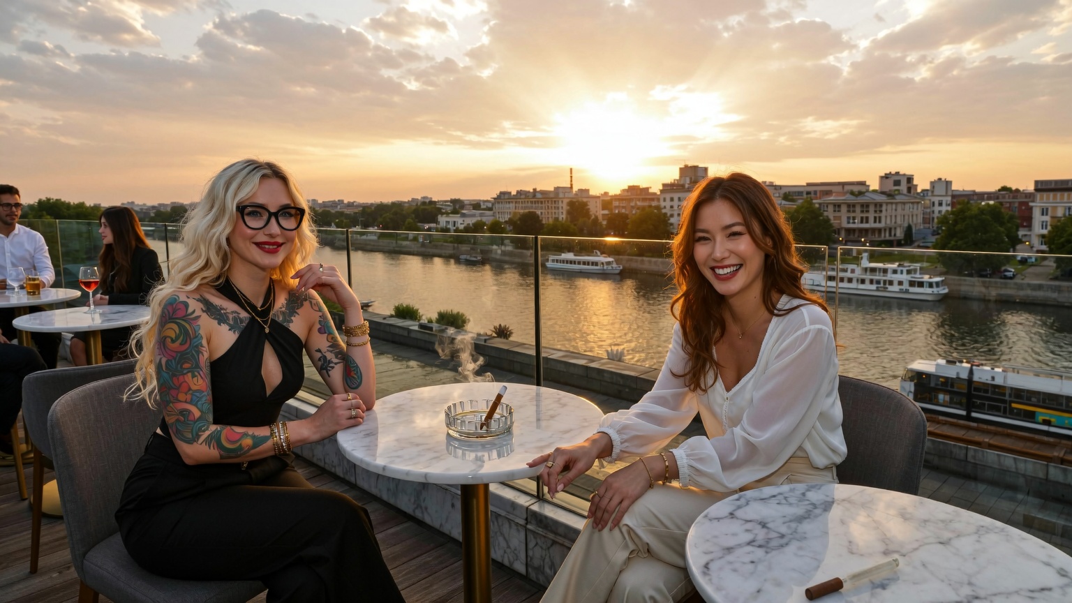 Two professional women enjoying sunset at a rooftop bar in Old Town Alexandria overlooking the Potomac River, representing modern wellness, creative lifestyle, and the upscale cannabis culture offered by Alexandria dispensaries and local weed delivery services.