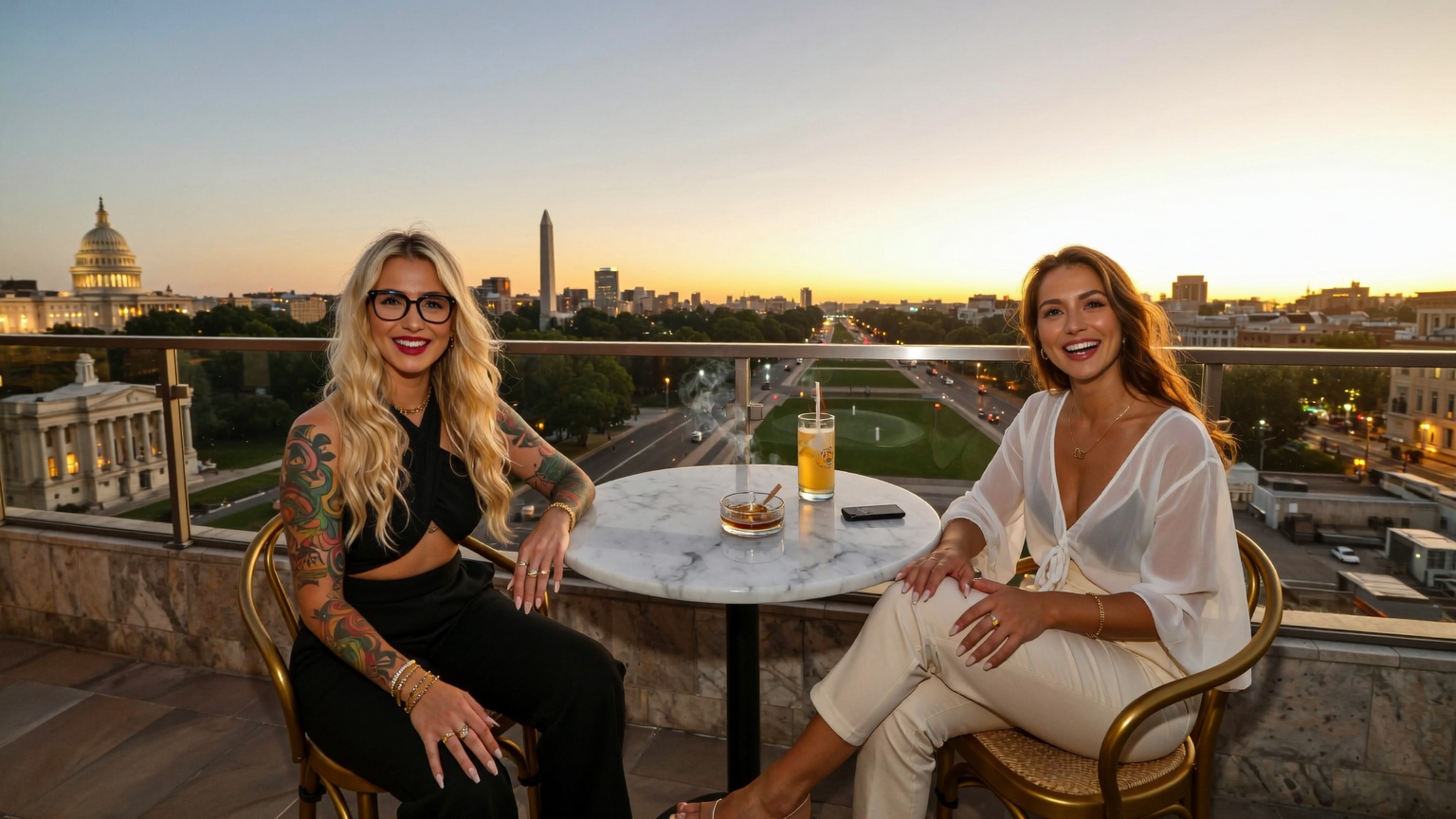 Two creative professionals enjoying sunset at The Ned’s Club rooftop in Washington DC overlooking the Washington Monument, representing modern wellness, luxury lifestyle, and the refined cannabis culture connected with local DC dispensaries.