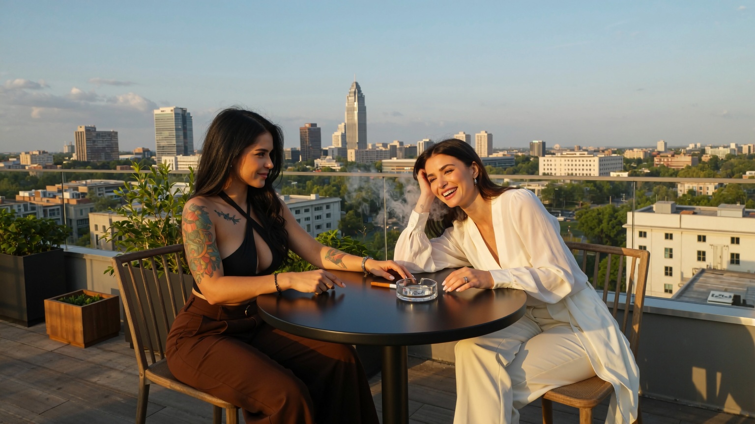 Two professional women enjoying sunset at a rooftop near Amazon HQ2 in Arlington, Virginia, representing modern wellness, creative lifestyle, and the upscale cannabis culture connected with local Arlington dispensaries and weed delivery services.