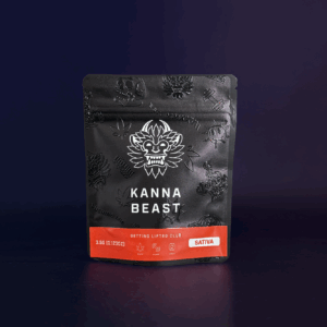 Kannabeast crafted cannabis flower pouch by Exotic Blooms, available for cannabis delivery across Northern Virginia, Richmond, Virginia Beach, and North Carolina. Premium sativa strain from the Getting Lifted Club line featuring bold black packaging with red accent.