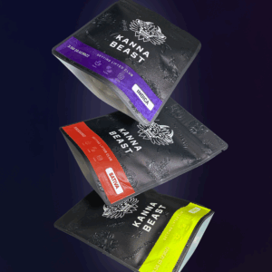 Kannabeast crafted cannabis flower pouch by Exotic Blooms, available for cannabis delivery across Northern Virginia, Richmond, Virginia Beach, and North Carolina. Premium sativa strain from the Getting Lifted Club line featuring bold black packaging with red accent.