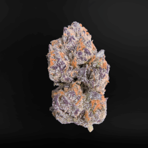 Purple Cherry Popper balanced hybrid strain with purple hues and frosty trichomes available from Exotic Blooms for cannabis delivery in Washington DC, Virginia, and Maryland