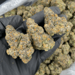 Close-up of Wookie Dawg cannabis buds showing heavy trichome coverage, Exotic Blooms Washington DC and Northern Virginia.