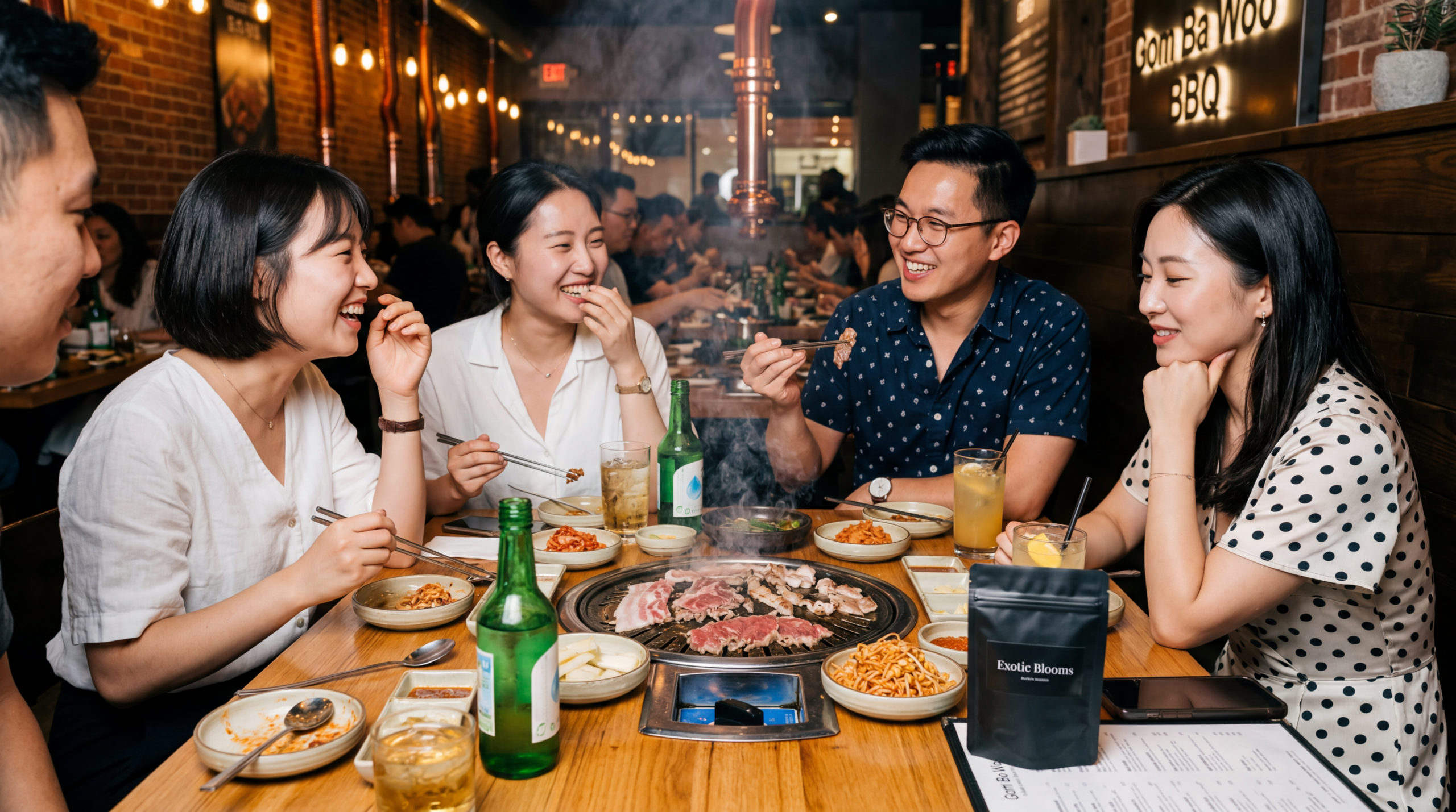 Young professionals enjoying Korean BBQ and nightlife in Northern Virginia with Exotic Blooms lifestyle atmosphere