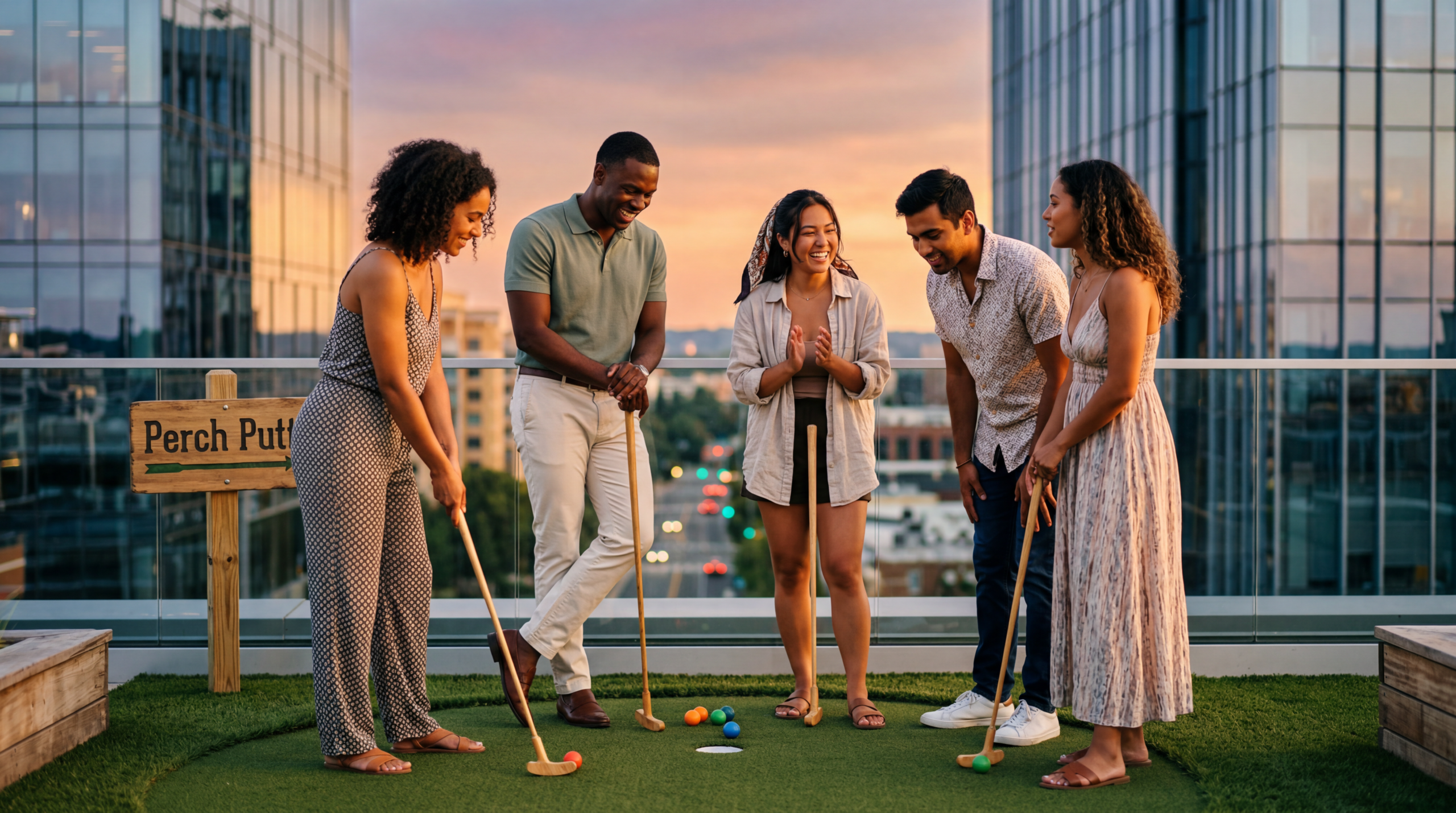 Young professionals enjoying rooftop miniature golf at Perch Putt in Tysons Corner Virginia during sunset