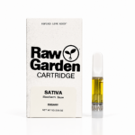 Raw Garden Refined Live Resin 1g 510 cartridge with retail packaging on a white studio background, premium cannabis vape cartridge compatible with standard 510-thread batteries.