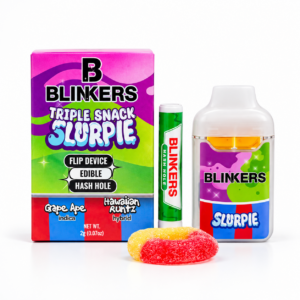 Blinkers Flip Triple Snack Slurpie 2G set with dual-chamber Flip device, Blinkers Hash Hole and 100MG edible.