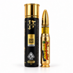 Close-up of Hollowtips Round I V1 2G vape showing golden Live Resin Liquid Diamonds through the transparent amber inspection window.