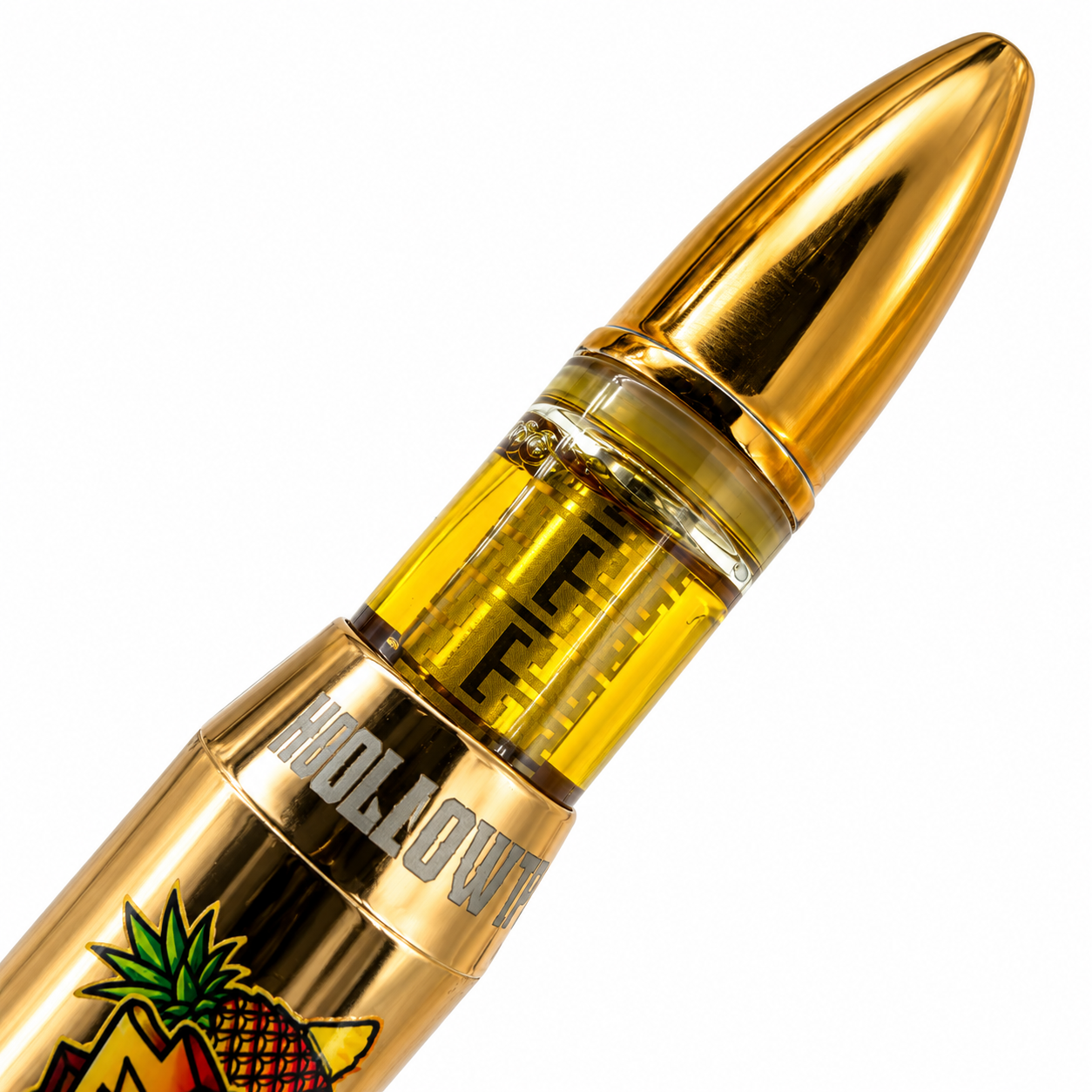Close-up of Hollowtips Round I V1 2G vape showing golden Live Resin Liquid Diamonds through the transparent amber inspection window.