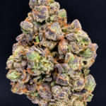 Frosted purple and green Toad’s Venom indica-dominant flower available for DC and Virginia weed delivery