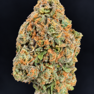 Macro photograph of Wizzy by Wizard Trees cannabis flower showing dense green buds, orange pistils, and frosty trichomes at Exotic Blooms in Washington DC.
